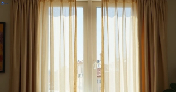 Dusty and dull curtains in camp-mountain before steam cleaning
